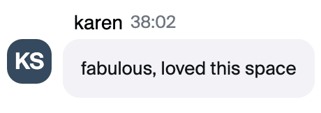 Zoom chat message from Karen: "fabulous, loved this space"