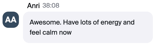 Zoom chat message from Anri: "Awesome. Have lots of energy and feel calm now"