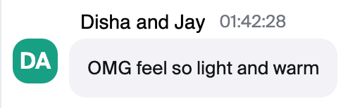 Zoom chat message from Disha and Jay: "OMG feel so light and warm"