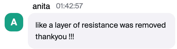 Zoom chat message from Anita: "like a layer of resistance was removed thankyou !!!"