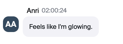 Zoom chat message from Anri: "Feels like I'm glowing."