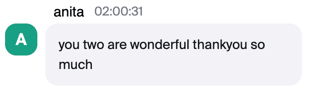 Zoom chat message from Anita: "you two are wonderful thankyou so much"