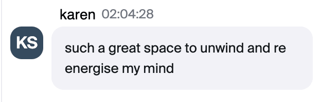 Zoom chat message from Karen: "such a great space to unwind and re energise my mind"